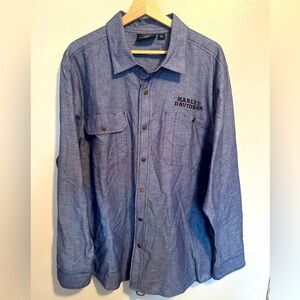 Harley-Davidson Men's XL Blue Chambray Snap Button-Down Shirt Long Sleeve Casual